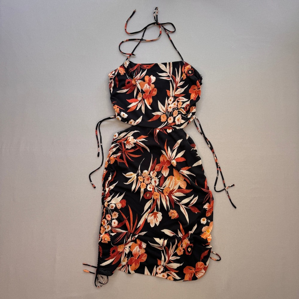 Leyden Floral Halter Cutout Mini Dress Black Orange Ruched Size M